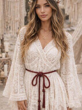 Red cotton long braided rope tassel chord tie belt